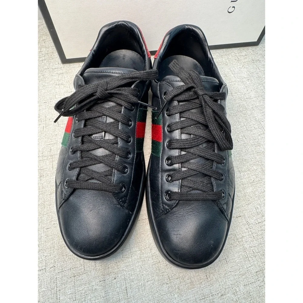 Gucci Ace Low Top Sneakers Black Leather Web Stripe Men's 9 Authentic w/ Box
